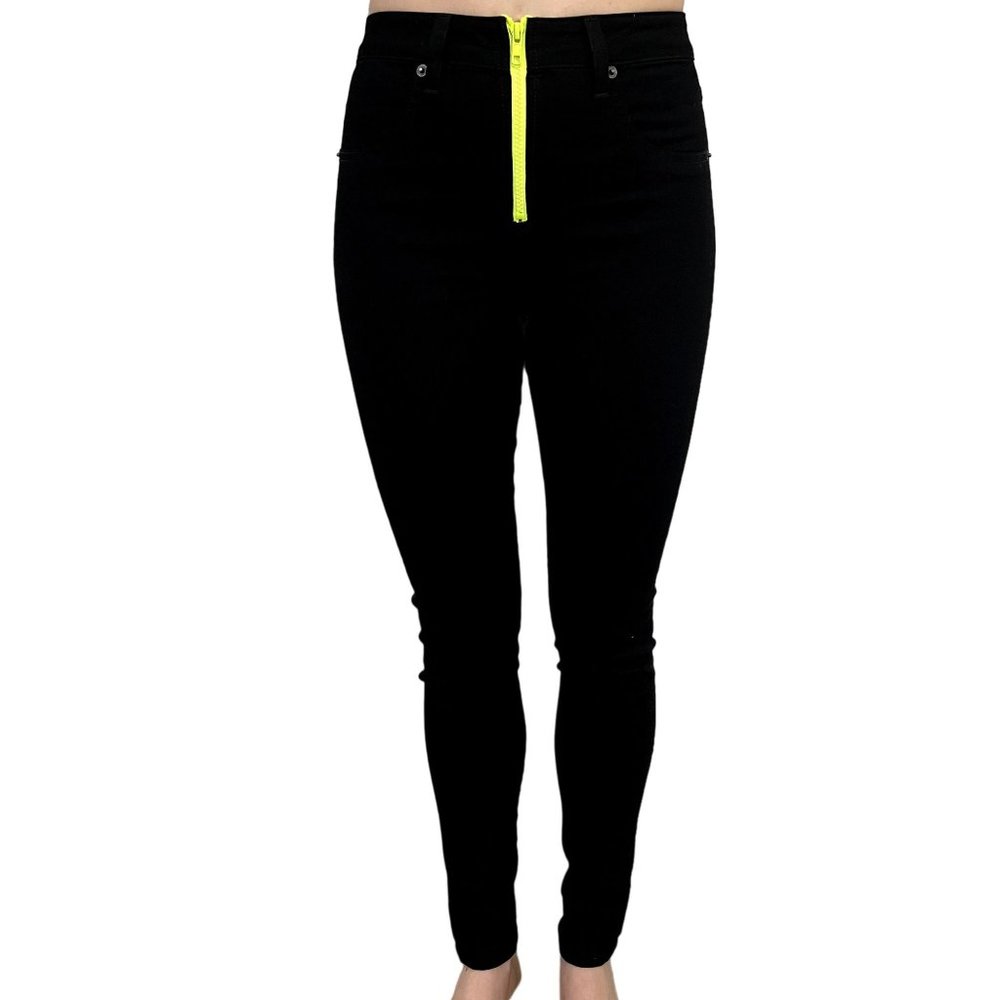 Carmar Black Denim Stretchy Straight Leg Jeans Lime Green Zipper Size 26